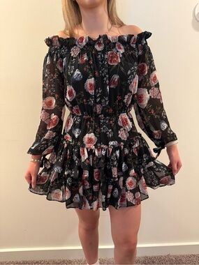 Cider Black Floral Off-Shoulder Ruffle Mini Dress